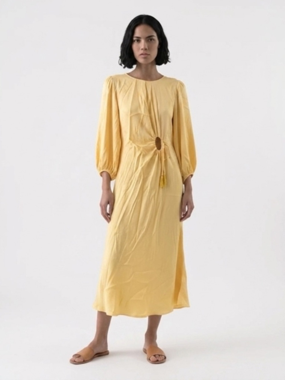 Farm Rio Yellow Long-Sleeve Cutout Midi Dress